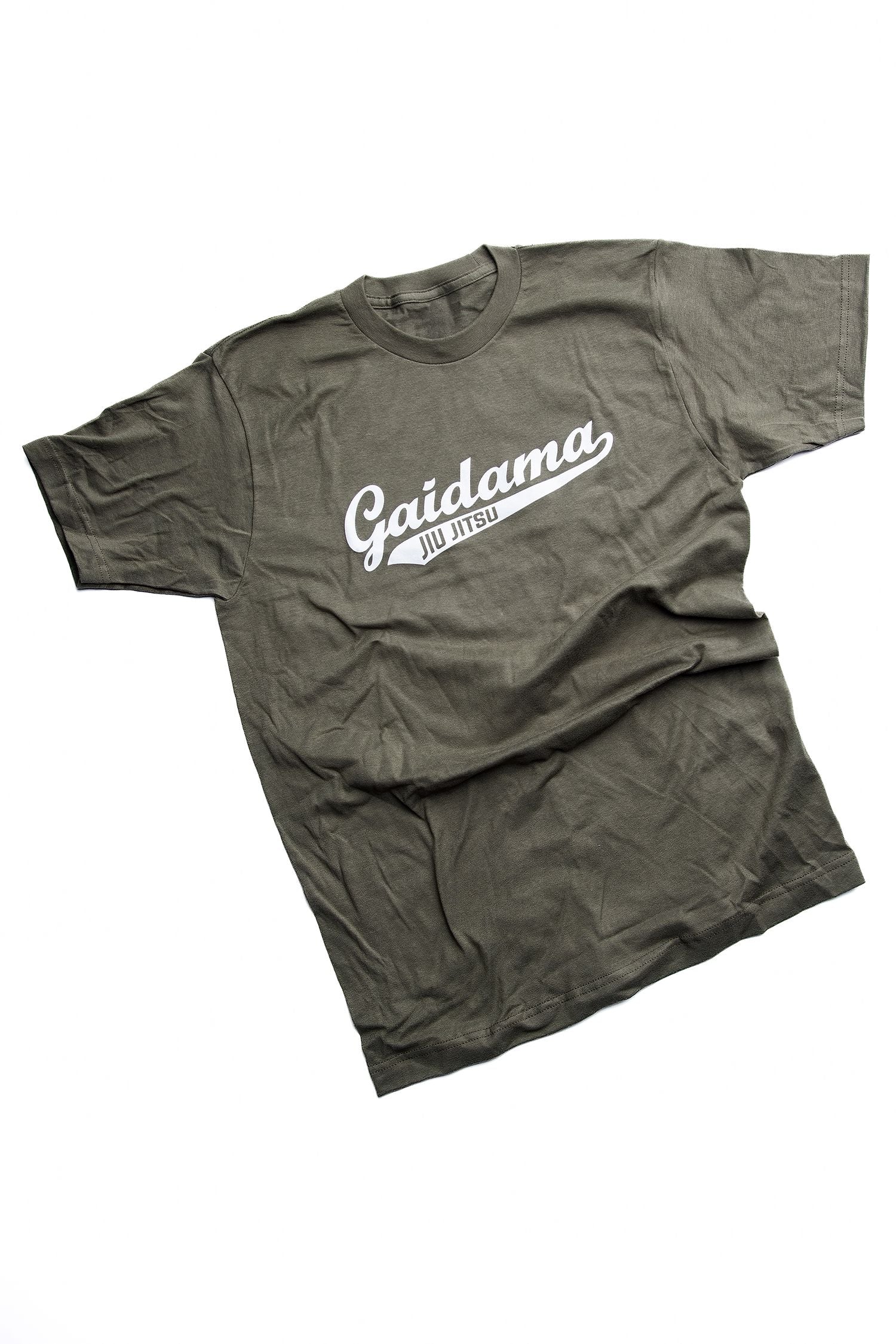 A military green t-shirt on a white background featuring the Gaidama Jiu Jitsu baseball sport logo in white across the chest.