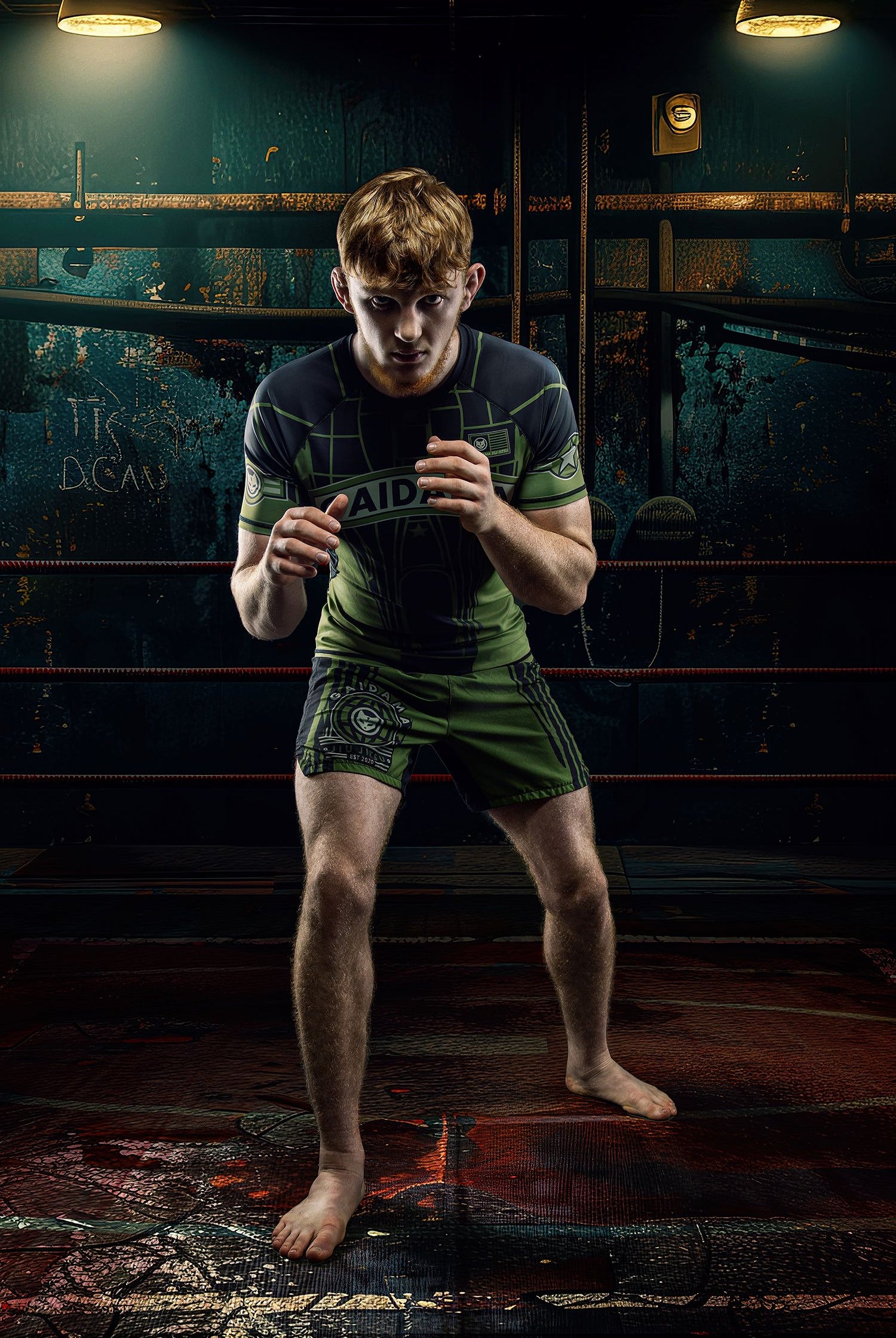 Nogi Jiu Jitsu superstar Jett Thompson in a wrestling stance wearing his custom Gaidama Fighter Jett rashguard and grappling shorts in dramatic lighting.