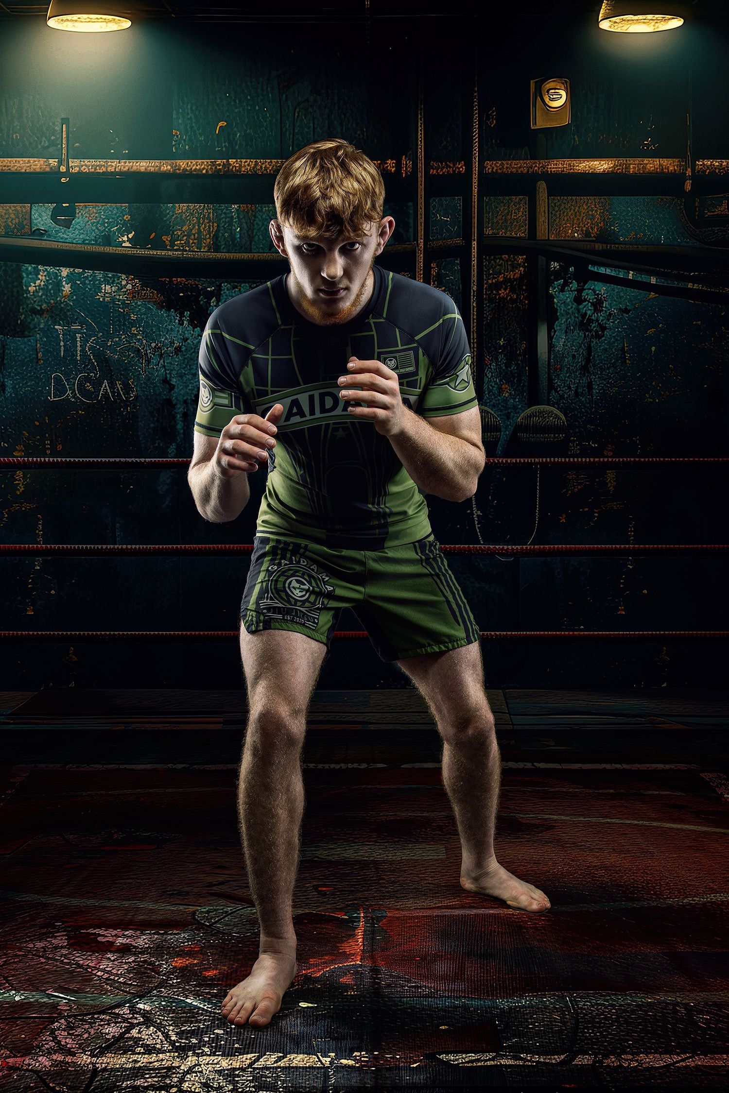 Nogi Jiu Jitsu superstar Jett Thompson in a wrestling stance wearing his custom Gaidama Fighter Jett rashguard and grappling shorts in dramatic lighting.