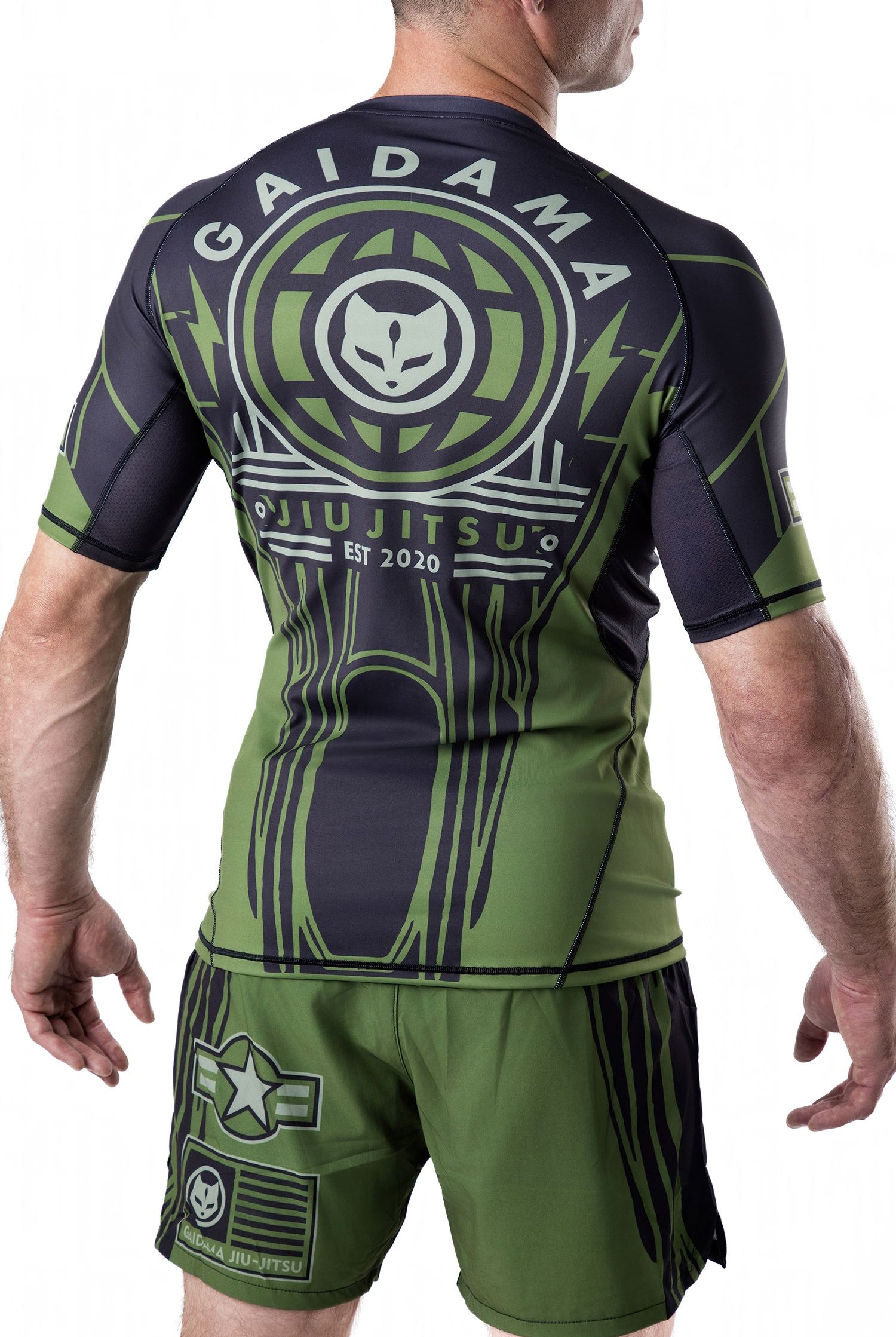 Green and black men's Jiu Jitsu rashguard with Air Force and military inspired details designed in collaboration with nogi BJJ rising star Jett Thompson, back view.