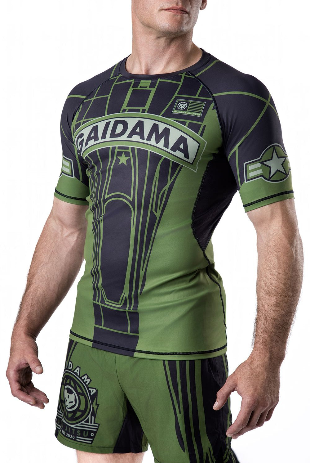 Green and black men's Jiu Jitsu rashguard with Air Force and military inspired details designed in collaboration with nogi BJJ rising star Jett Thompson, front view.