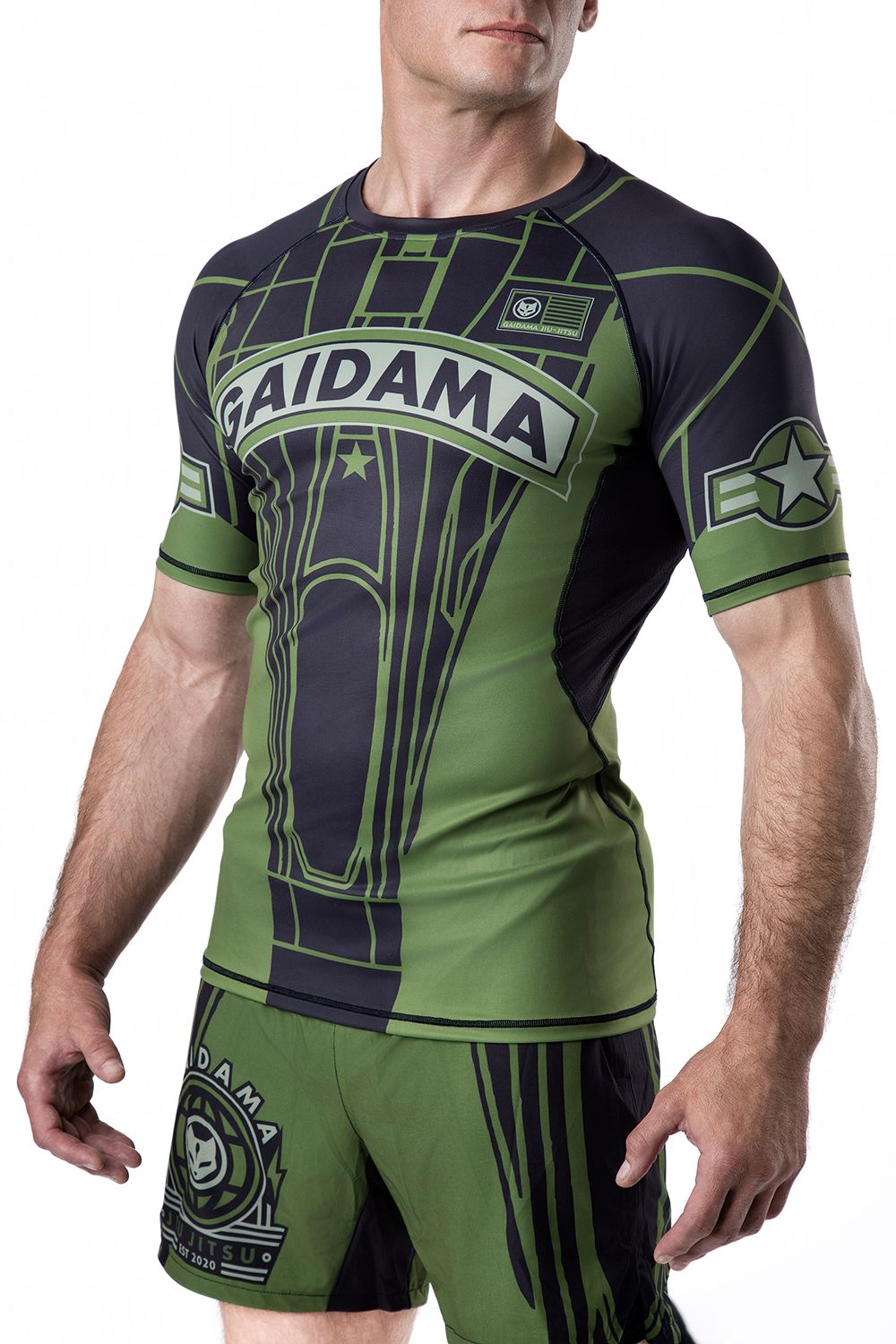 Green and black men's Jiu Jitsu rashguard with Air Force and military inspired details designed in collaboration with nogi BJJ rising star Jett Thompson, front view.