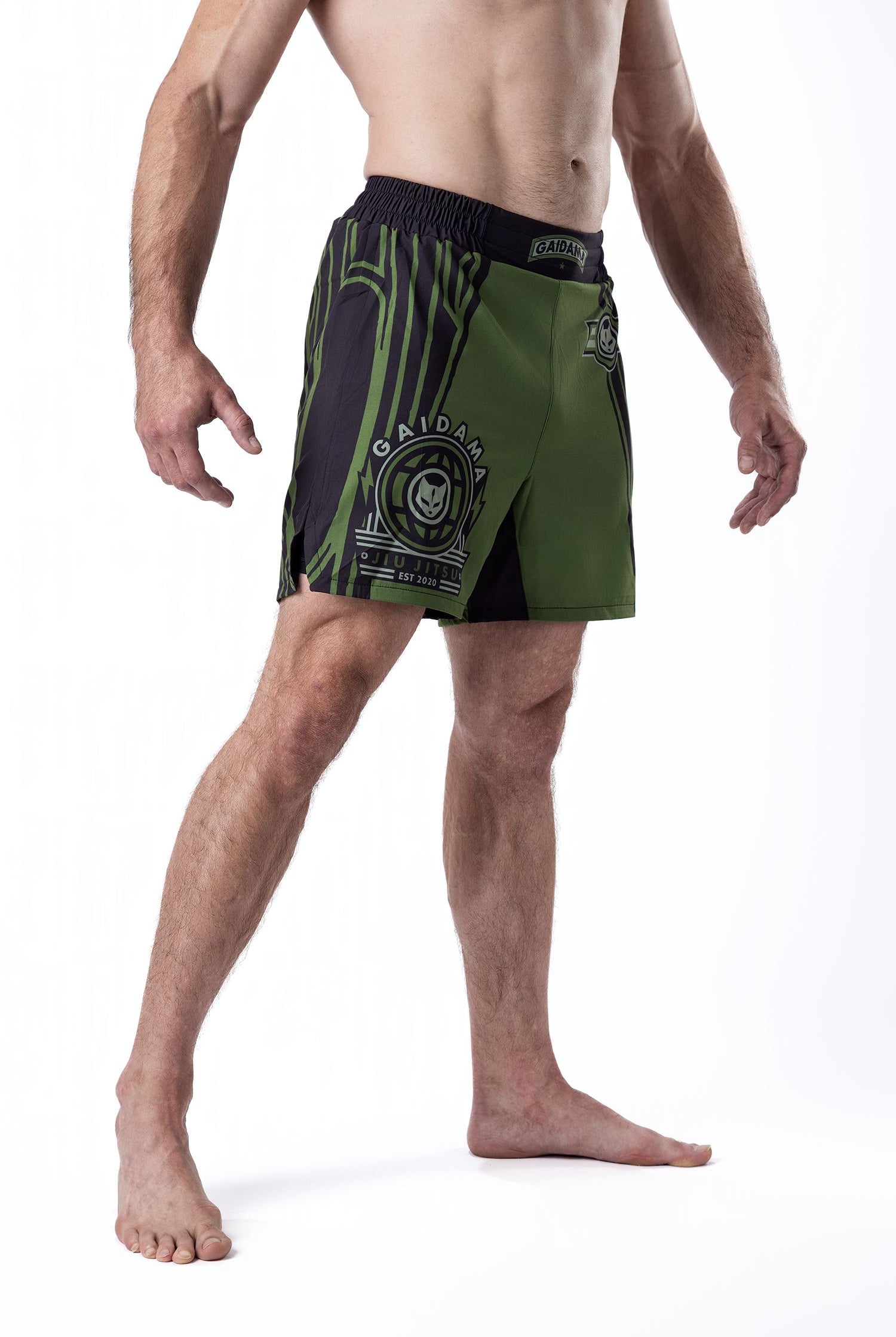 Green and black men's Jiu Jitsu board shorts with Air Force and military inspired details designed in collaboration with nogi BJJ rising star Jett Thompson, front and side view.