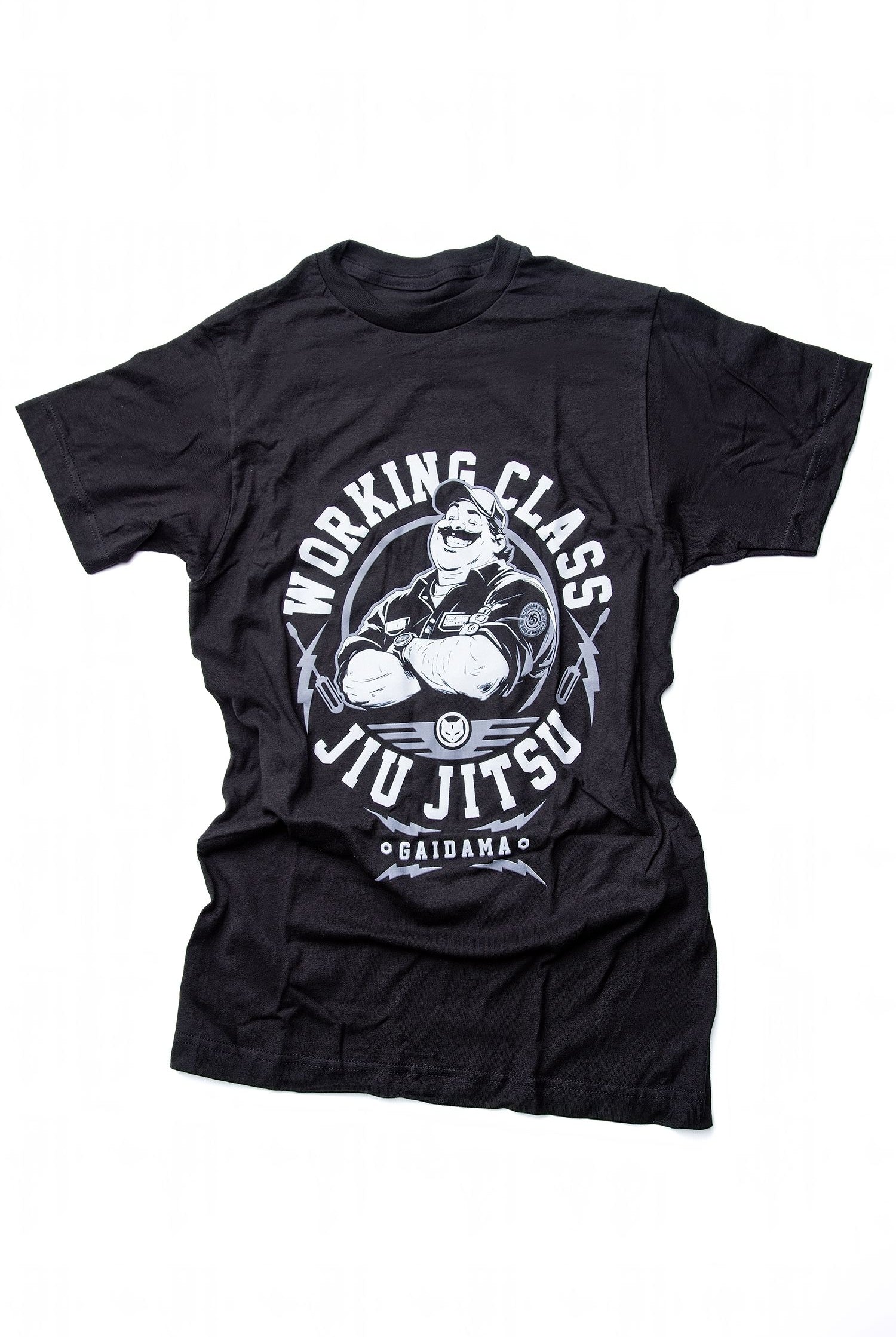 Men's black BJJ Working Class Jiu Jitsu tee on a white background.