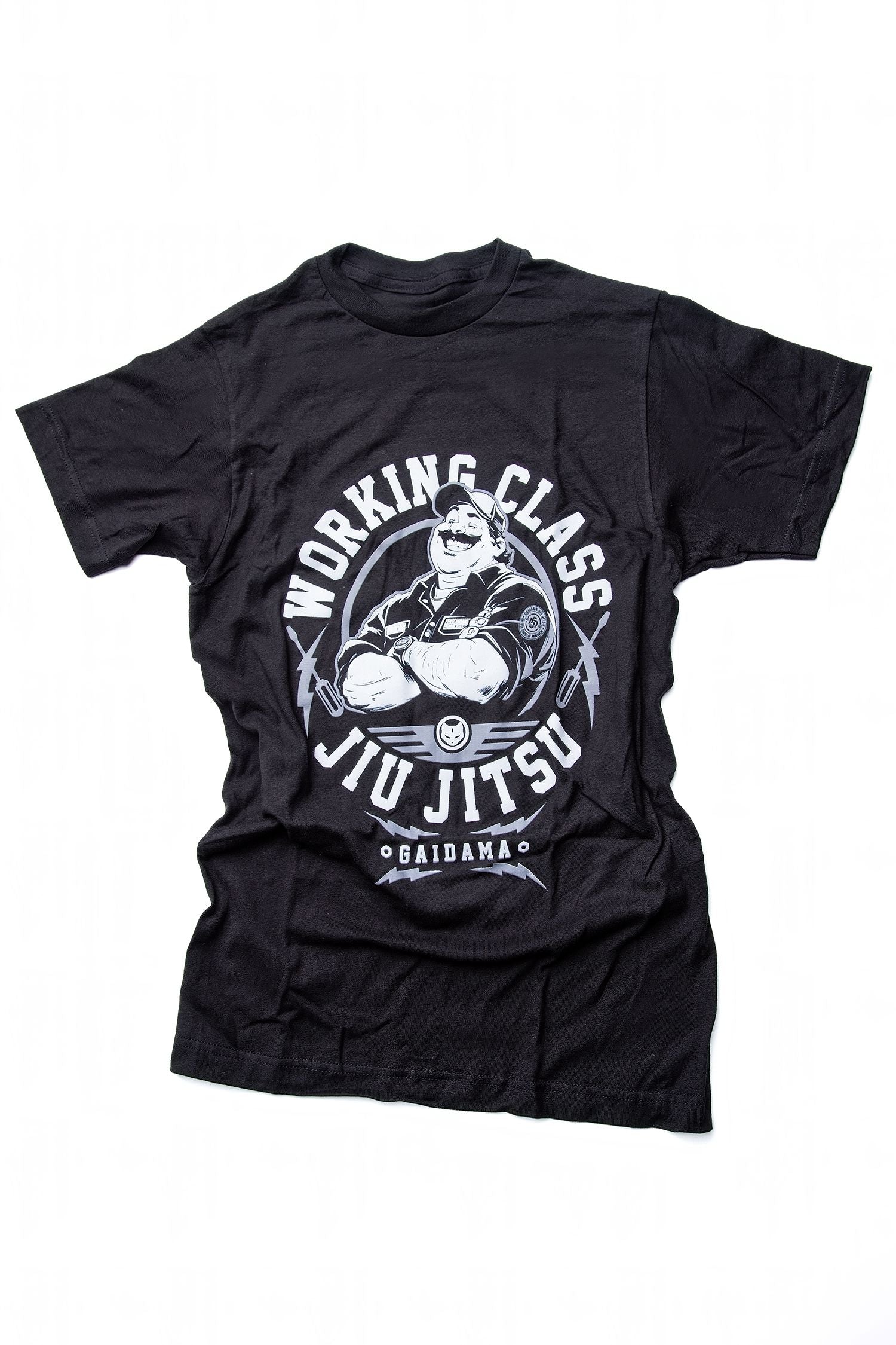Men's black BJJ Working Class Jiu Jitsu tee on a white background.