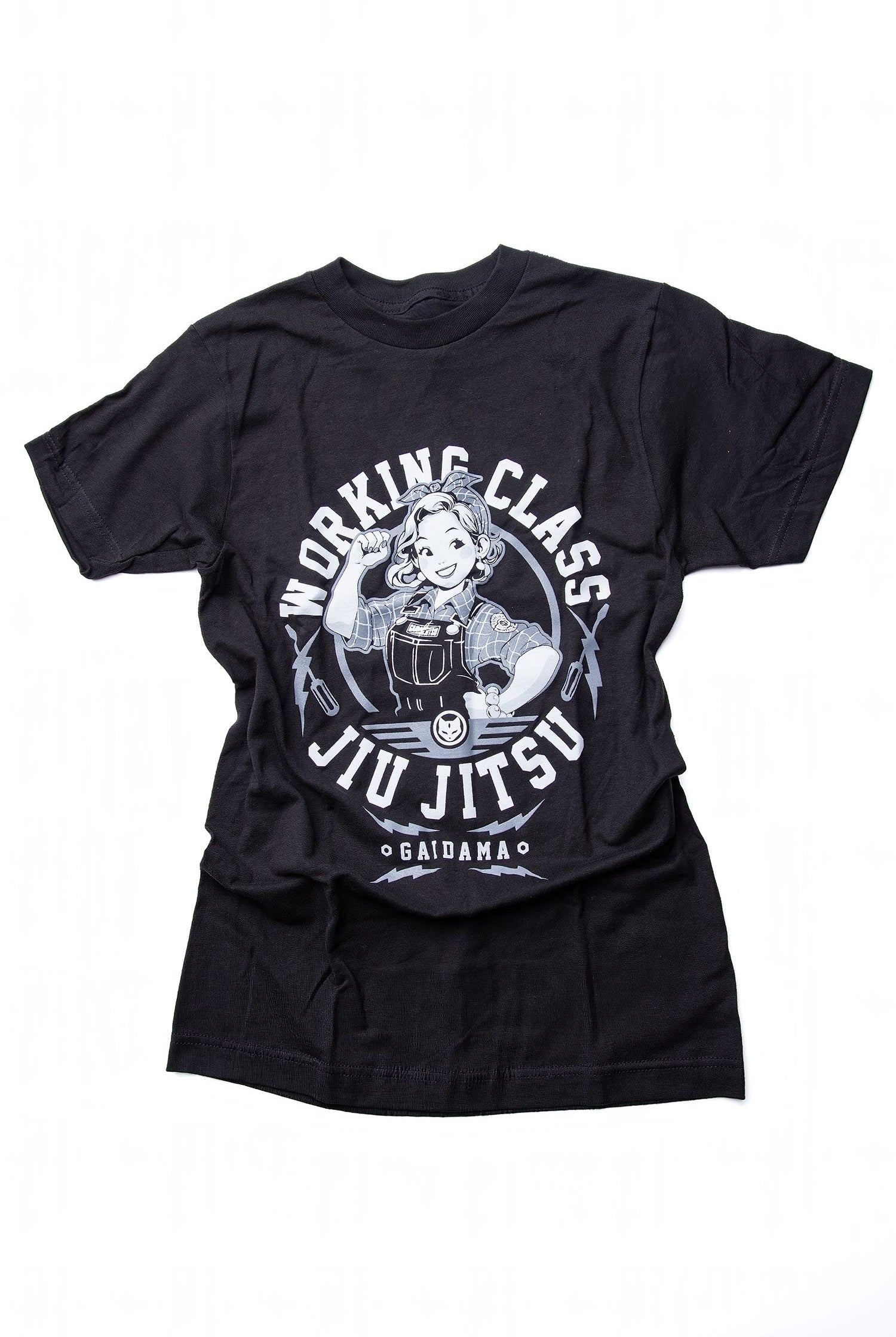Women's black BJJ Working Class Jiu Jitsu tee on a white background.