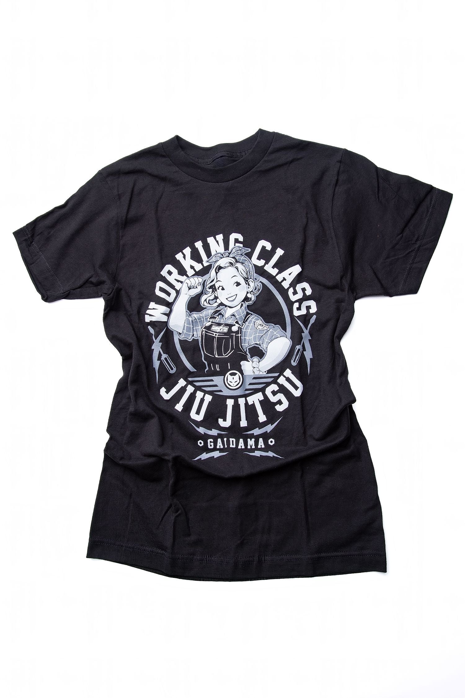 Women's black BJJ Working Class Jiu Jitsu tee on a white background.